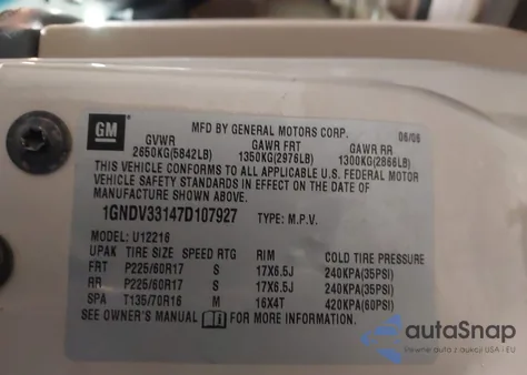 2007 Chevrolet Uplander Lt from USA, damaged, VIN 1GNDV33147D107927